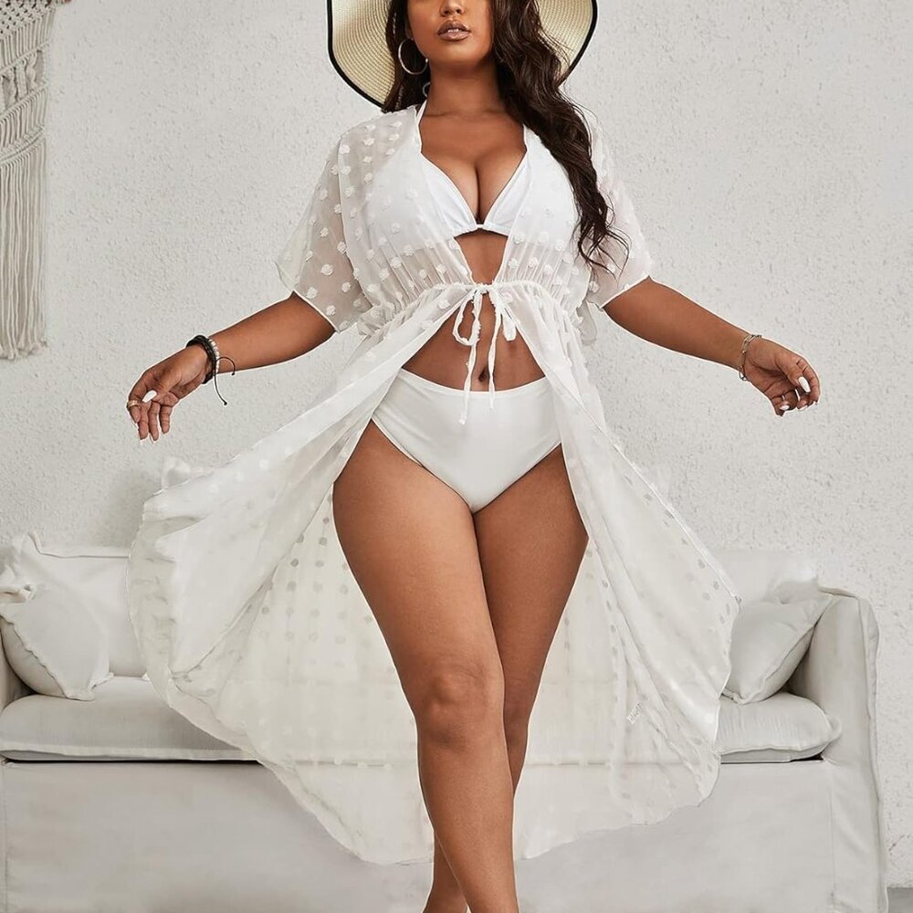 Women's Plus Size Kimono Cover Up Swiss Dots Sheer Mesh Tie Waist Beach Swimsuit - Picture 3 of 6